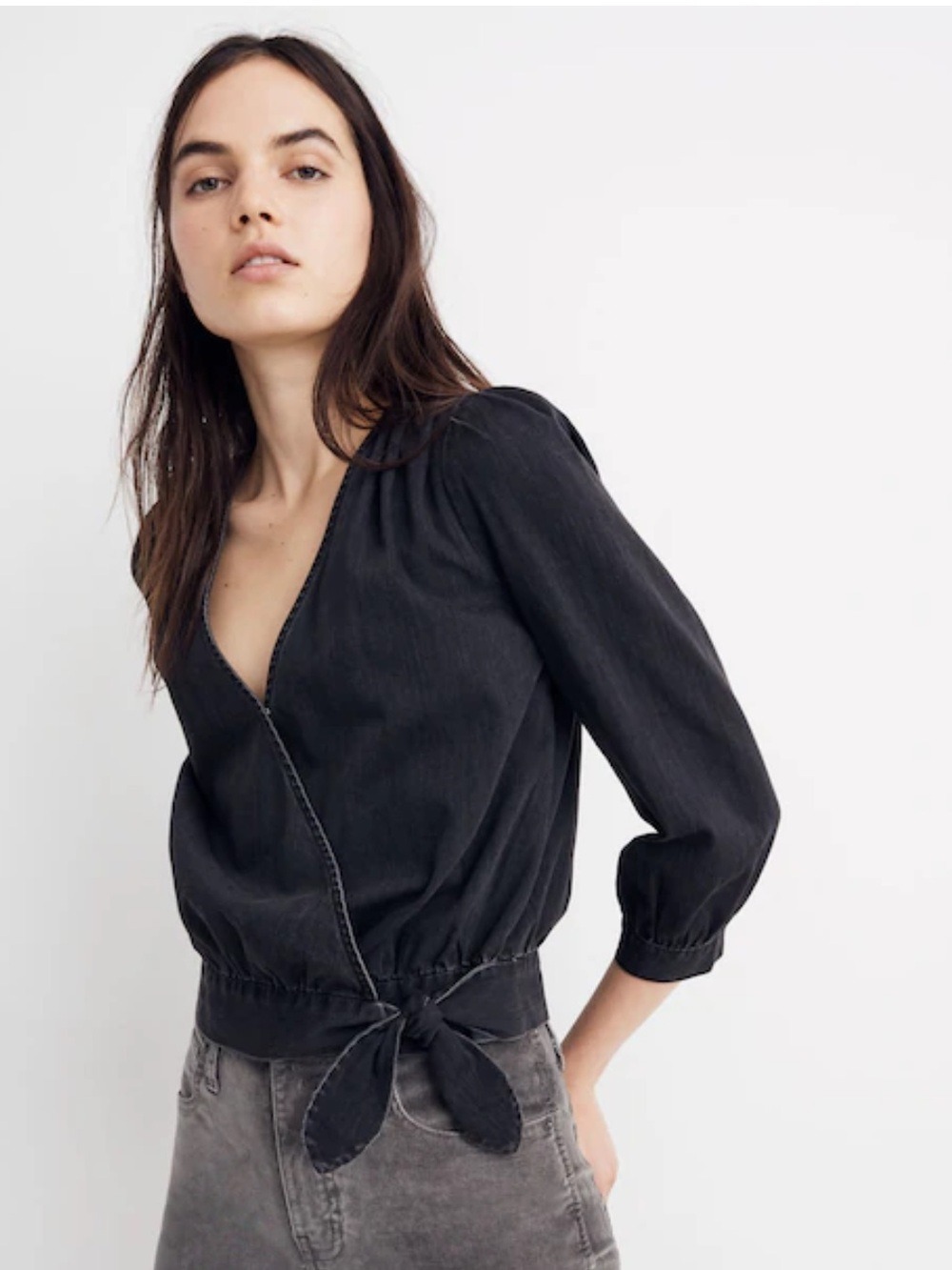 Madewell Black Denim Wrap Tie Front Blouse Puff Sleeve Size L - Picture 2 of 15